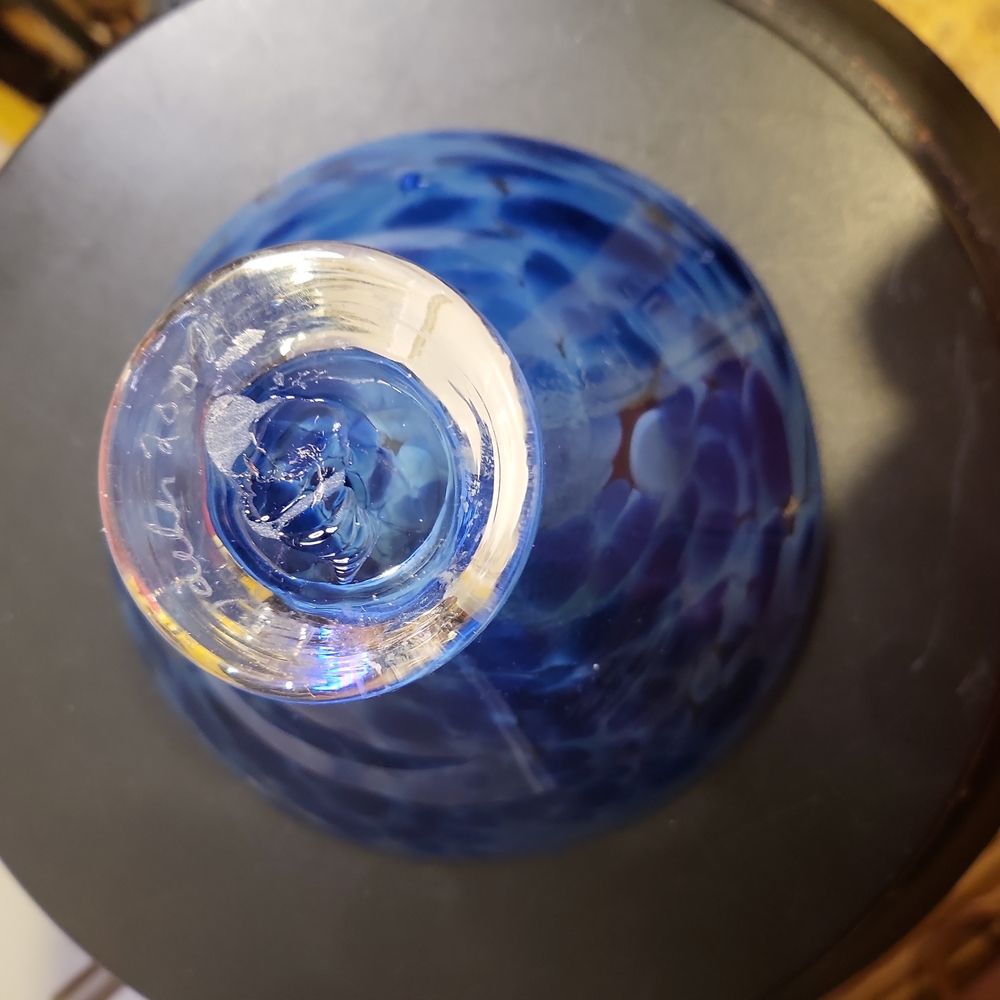 Signed Art Glass Spotted Blue Dish - Picture 9 of 9